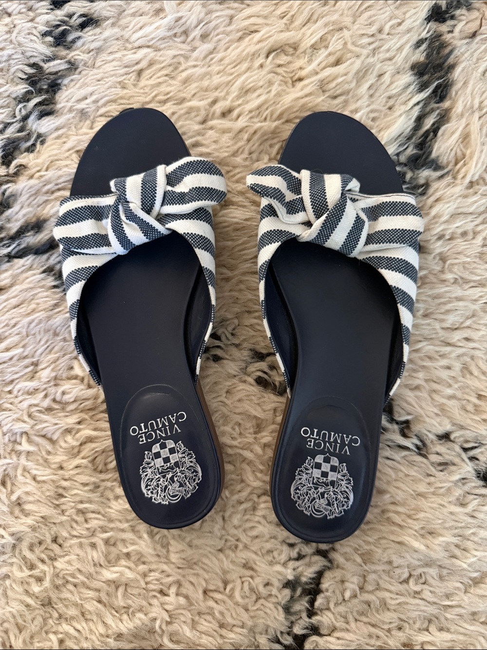Vince Camuto Navy & White Striped Knot Slide Sandals